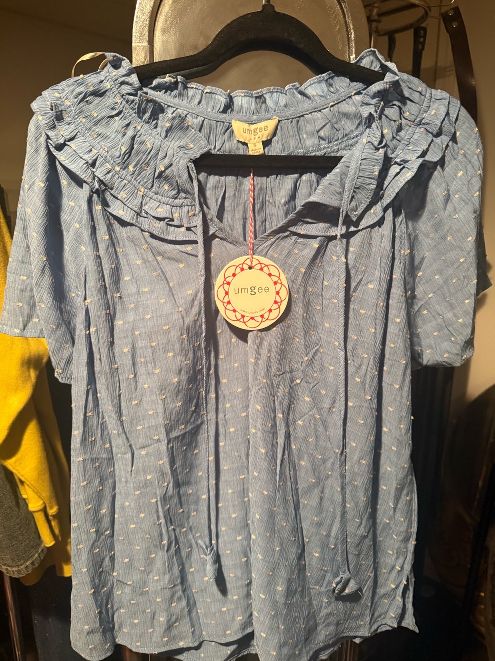 Umgee Blue Ruffle Tie-Neck Short Sleeve Blouse